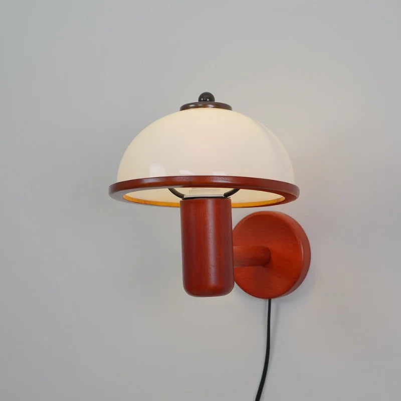 Wall mounted Oak wood plug in wall light in mushroom shape with white lamp shade