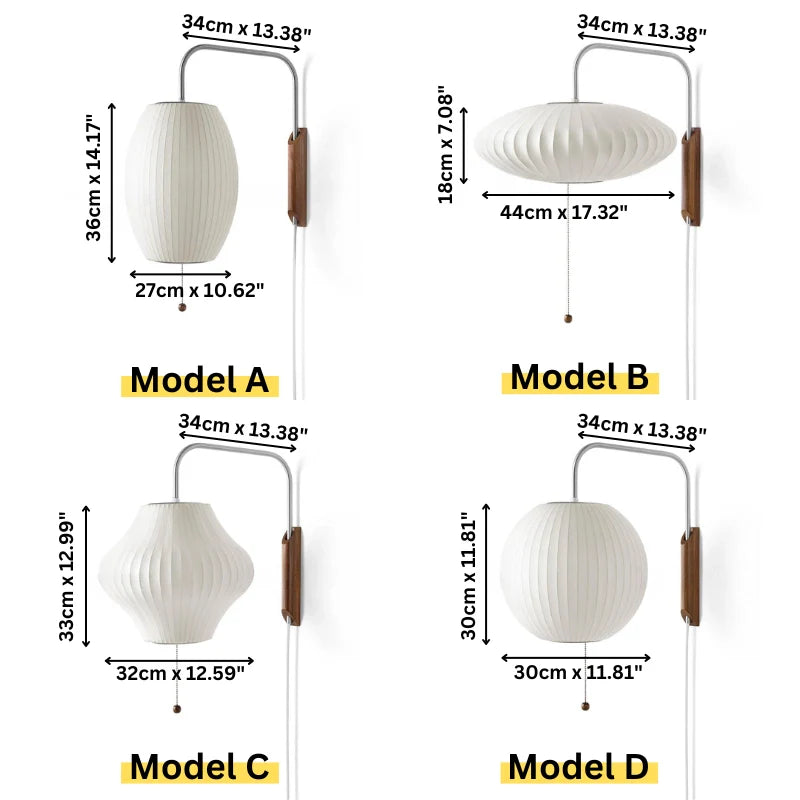 Dimension image of Model A, B, C, D of the Plug in Wall Sconce 