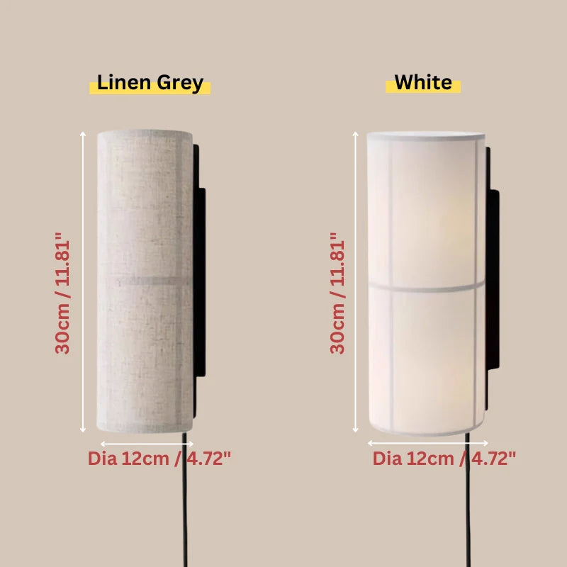 Dimension image of Cylinder fabric pug in wall sconce in Linen Grey and White