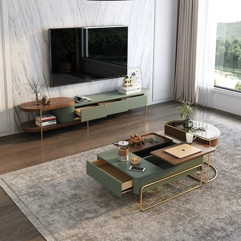 a wood rectangle coffee table with drawer and shelf