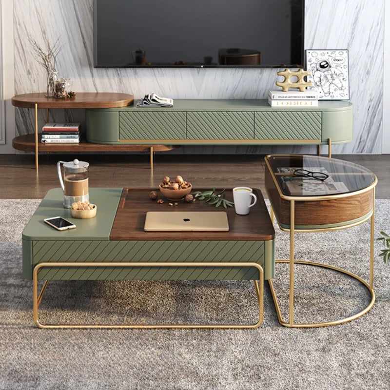 a wood rectangle coffee table with gold metal frame