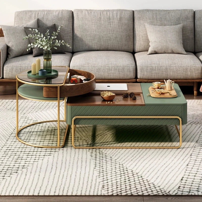 a wood lift top coffee table with a drawer, and a hidden storage compartment