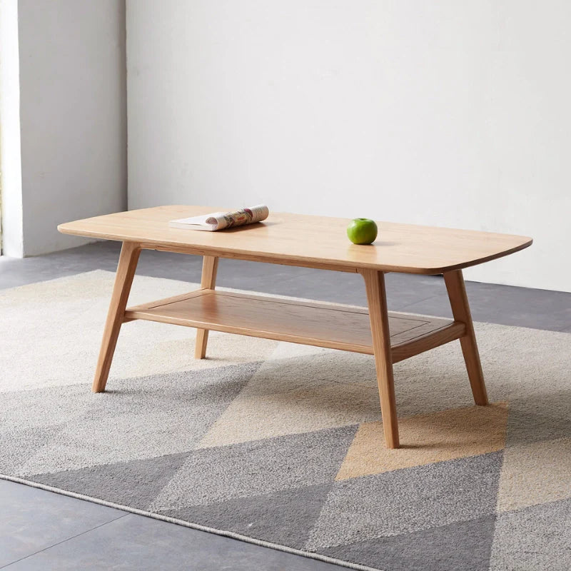 Rectangular wood coffee table with open shelf in natural wood color