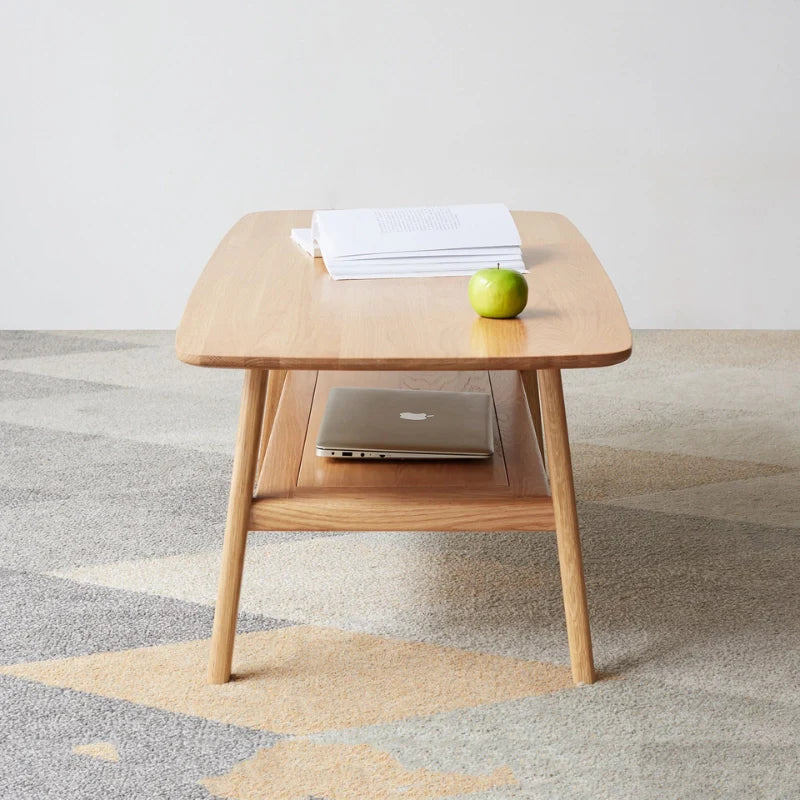 Side view of Rectangular wood coffee table with open shelf in natural