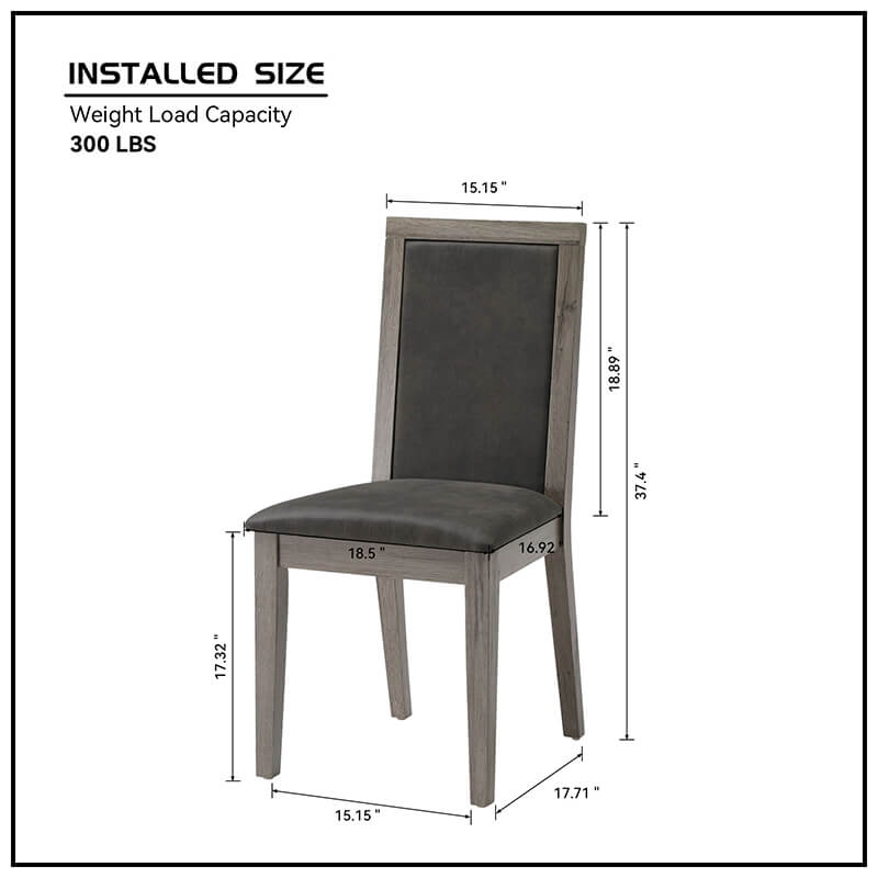 Dimension of wooden dining chair in grey upholstery