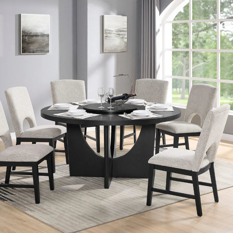 Round wood dining table set of 6 in a modern dining room setting