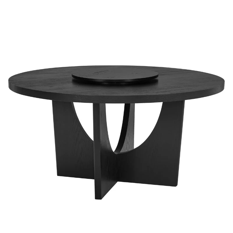 Round wood dining table highlighting its stylish pedestal and lazy suzan feature