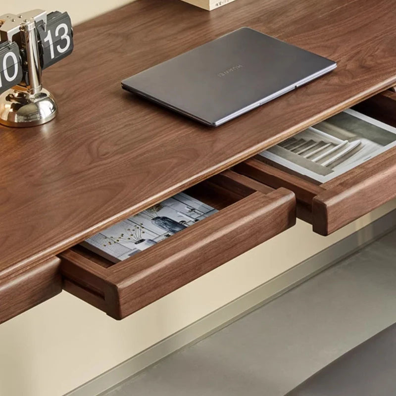 a walnut wood desk with two drawers