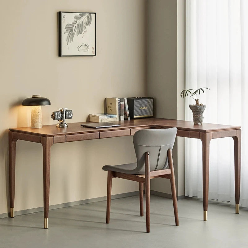 a solid walnut wood l-shaped desk with two drawers, paired with a matching chair