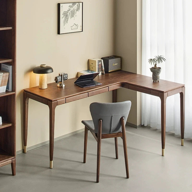 a walnut wood desk with two drawers