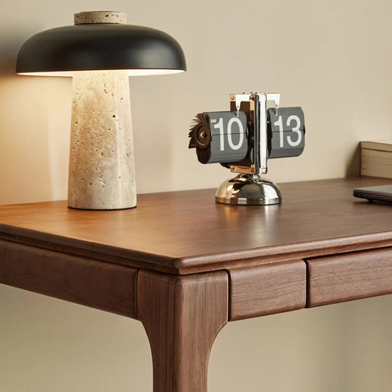 an l-shaped wood desk with a smooth wooden tabletop