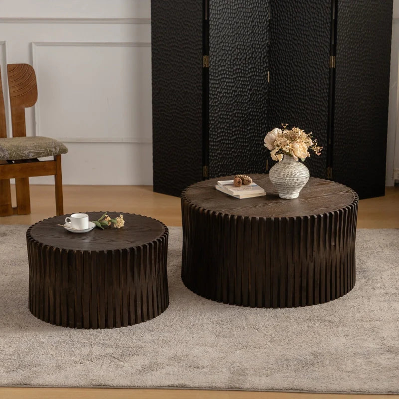 solid wood round coffee tables in a dark brown finish