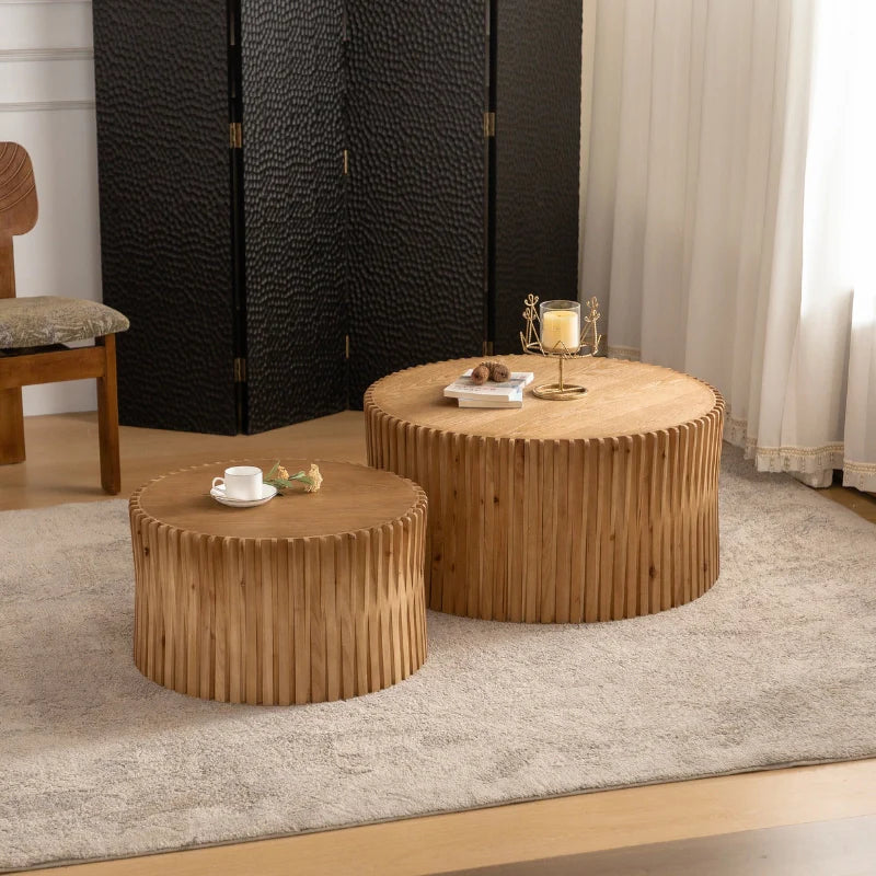 a solid wood round coffee table set of 2 in a natural finish