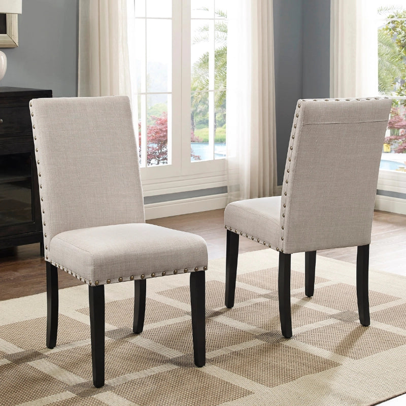 Front and Back View of the Tan Upholstered Wood Dining Chair Set of 2