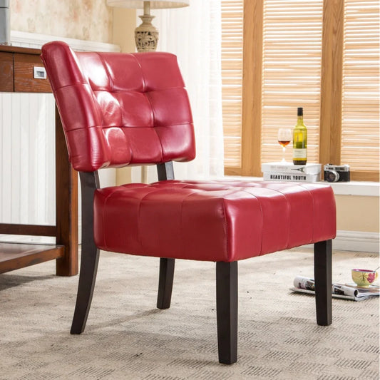 A red leather accent chair in a modern living room