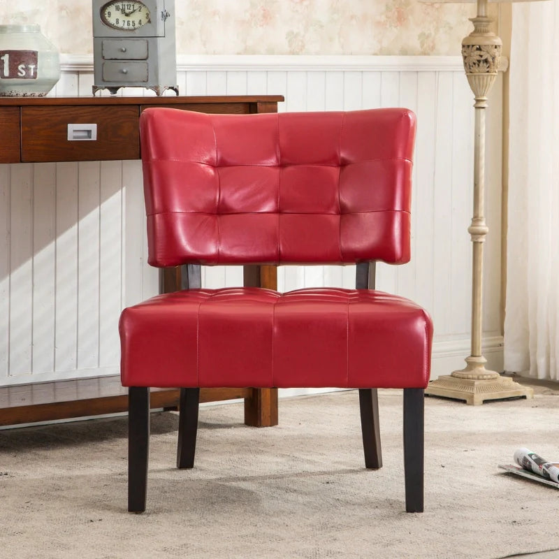 A red leather accent chair in a modern living room