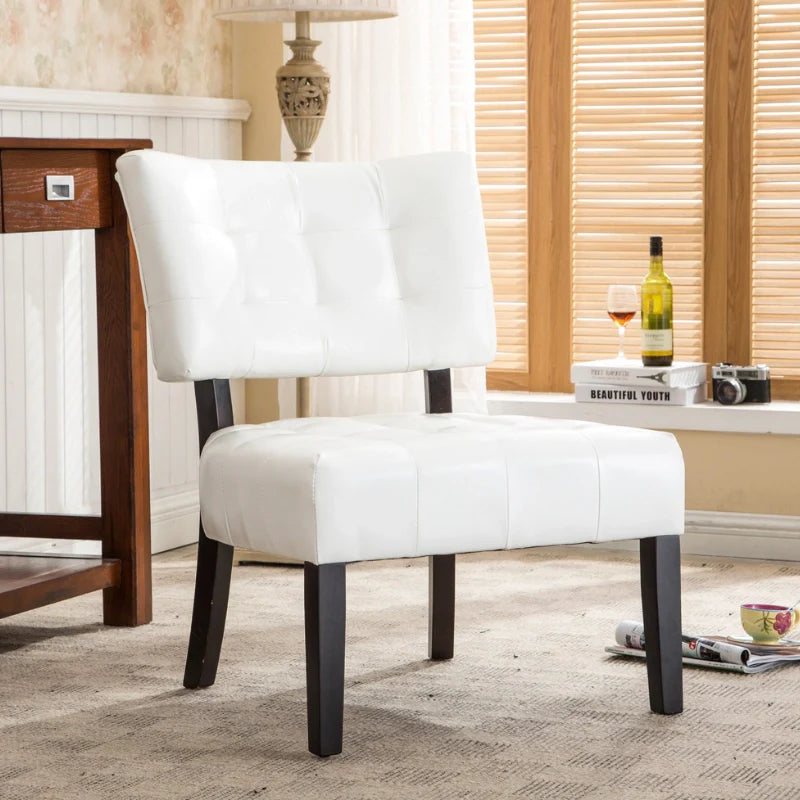 A white leather accent chair in a modern living room