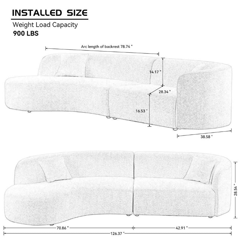 126" Luxury Modern Curved Sofa with Chaise 2-Piece Set - Left Hand Facing Sectional Sofa