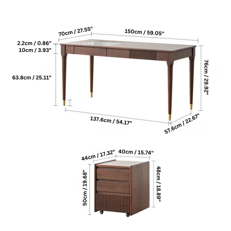 dimensions of a wood computer desk and its rolling cabinet