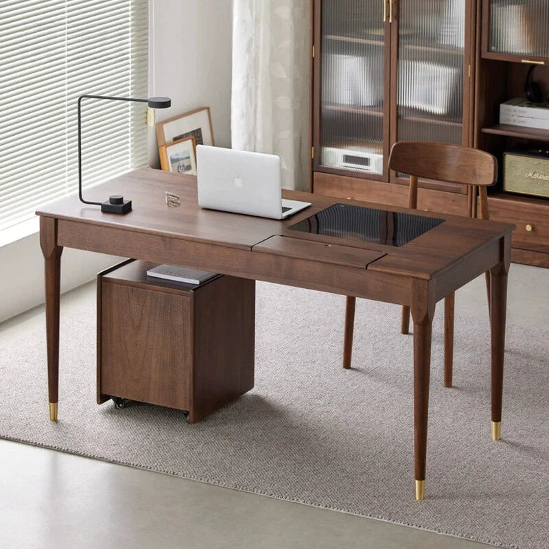 a walnut wood computer desk with drawers, looking chic and stylish in a modern setting