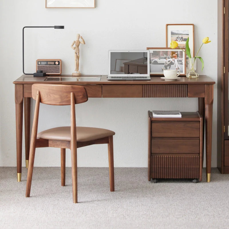 a walnut wood computer desk with drawers, tempered glass top, rolling cabinet and LED lights