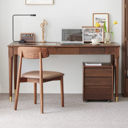 a walnut wood computer desk with drawers, tempered glass top, rolling cabinet and LED lights