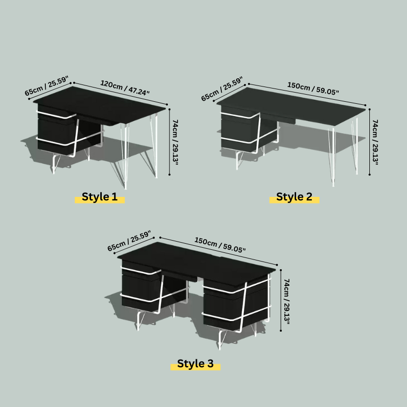 Dimension image of all three styles of Black Wood Office Desk