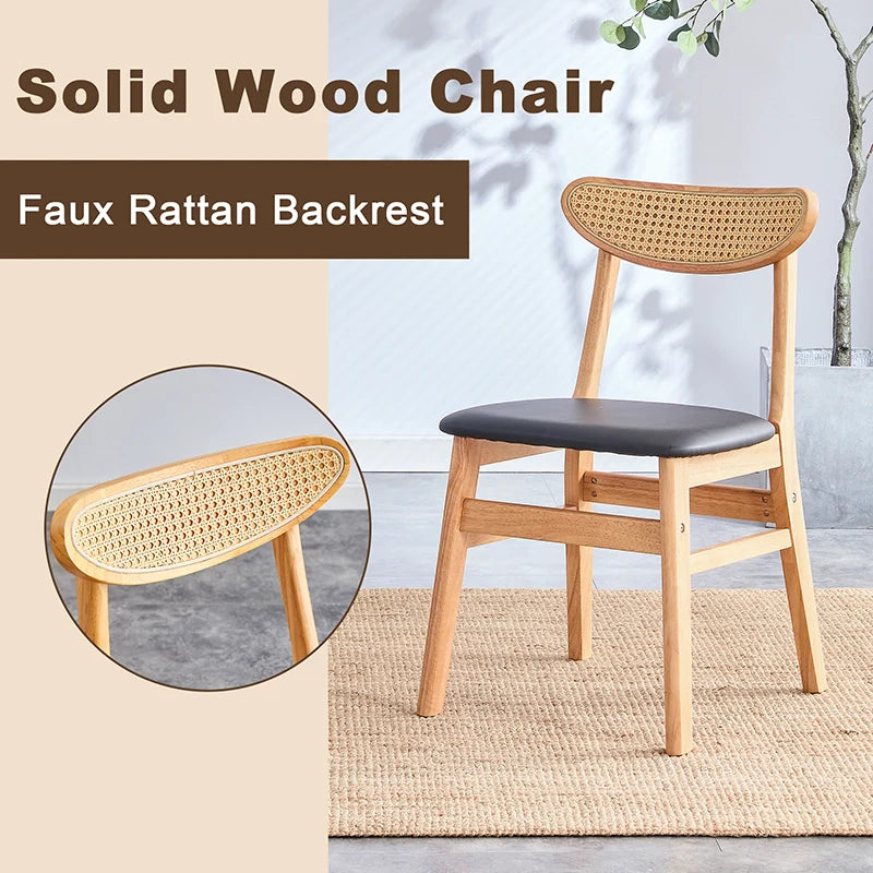 Solid wood dining chair showing its unique faux rattan backrest