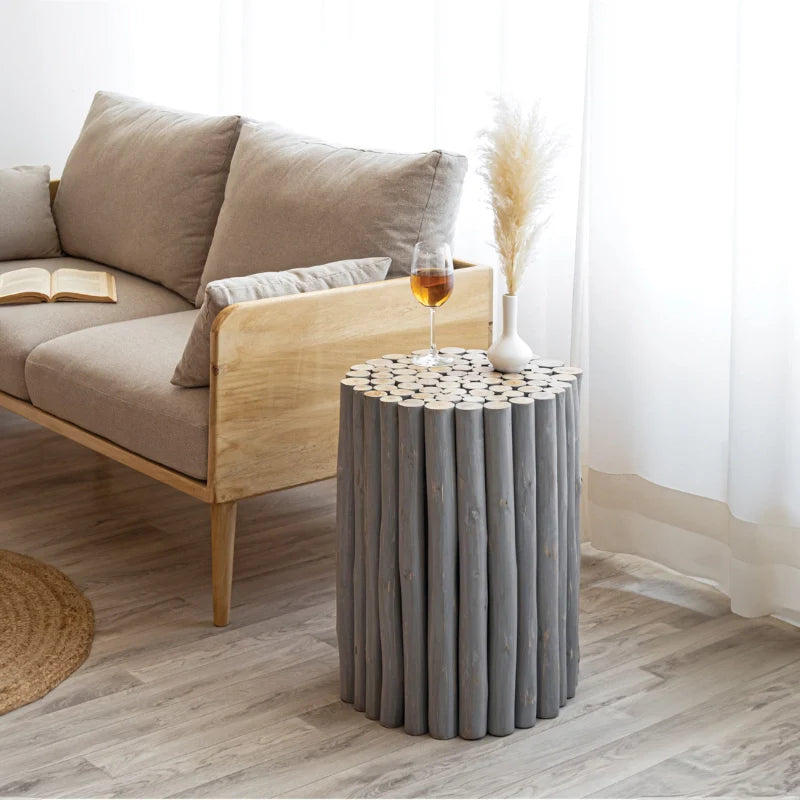 Wood Side Table in Grey Color adding a rustic feel to a beautiful interior