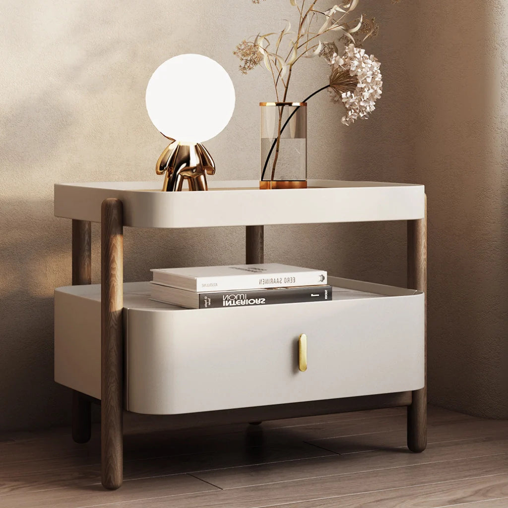 An image of a wood nightstand with a modern design featuring a sintered stone and glass top, a solid pine wood frame, a glossy lacquer drawer, and an open shelf for versatile storage, available in Alabaster Cream, Mocha Brown, Olive Sage, and Chestnut Bronze finishes.