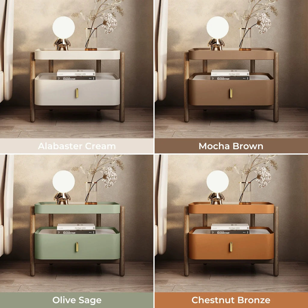 An image of a wood nightstand with a modern design featuring a sintered stone and glass top, a solid pine wood frame, a glossy lacquer drawer, and an open shelf for versatile storage, available in Alabaster Cream, Mocha Brown, Olive Sage, and Chestnut Bronze finishes.