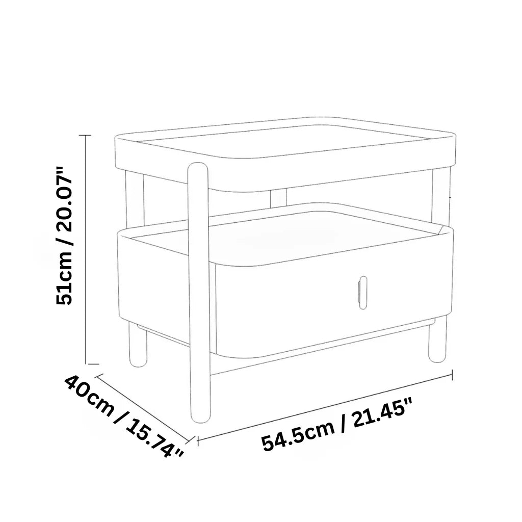 An image of a wood nightstand with a modern design featuring a sintered stone and glass top, a solid pine wood frame, a glossy lacquer drawer, and an open shelf for versatile storage, available in Alabaster Cream, Mocha Brown, Olive Sage, and Chestnut Bronze finishes.