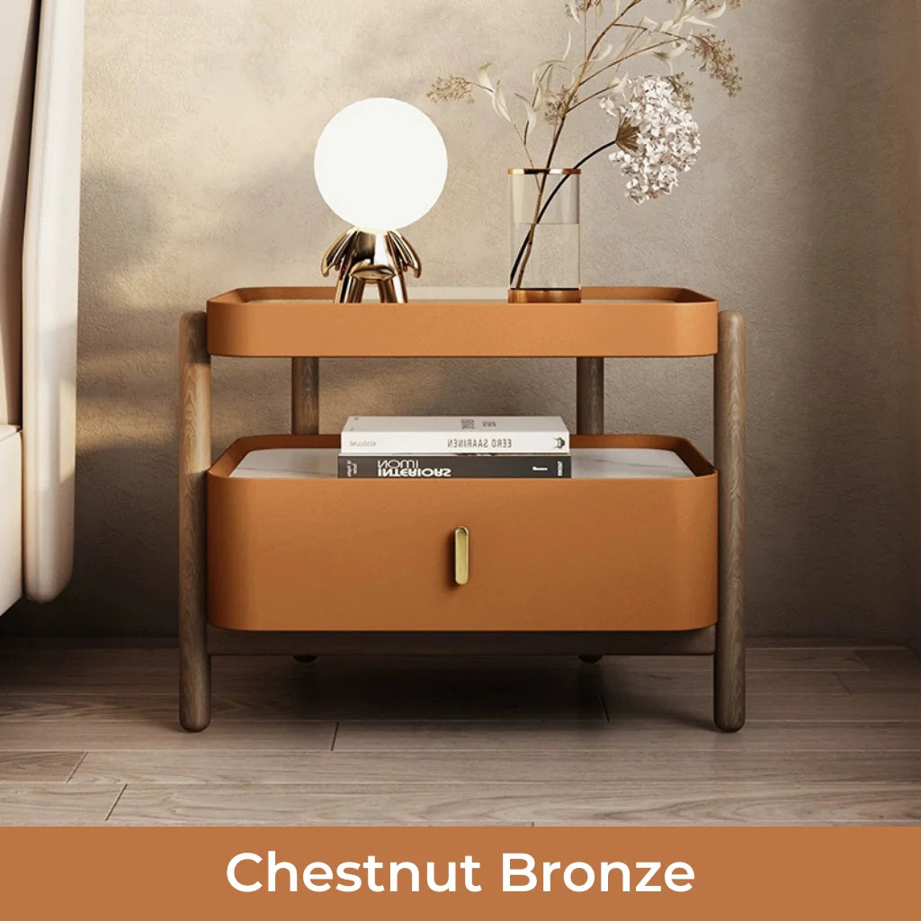 An image of a wood nightstand with a modern design featuring a sintered stone and glass top, a solid pine wood frame, a glossy lacquer drawer, and an open shelf for versatile storage, available in Alabaster Cream, Mocha Brown, Olive Sage, and Chestnut Bronze finishes.