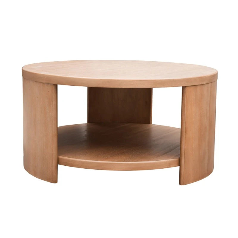 Wood Round Coffee Table with open shelf in Natural wood color