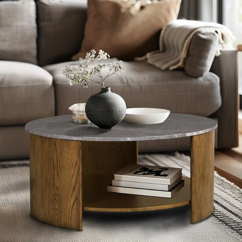 Wood Round Coffee Table with faux marble table top in oak color