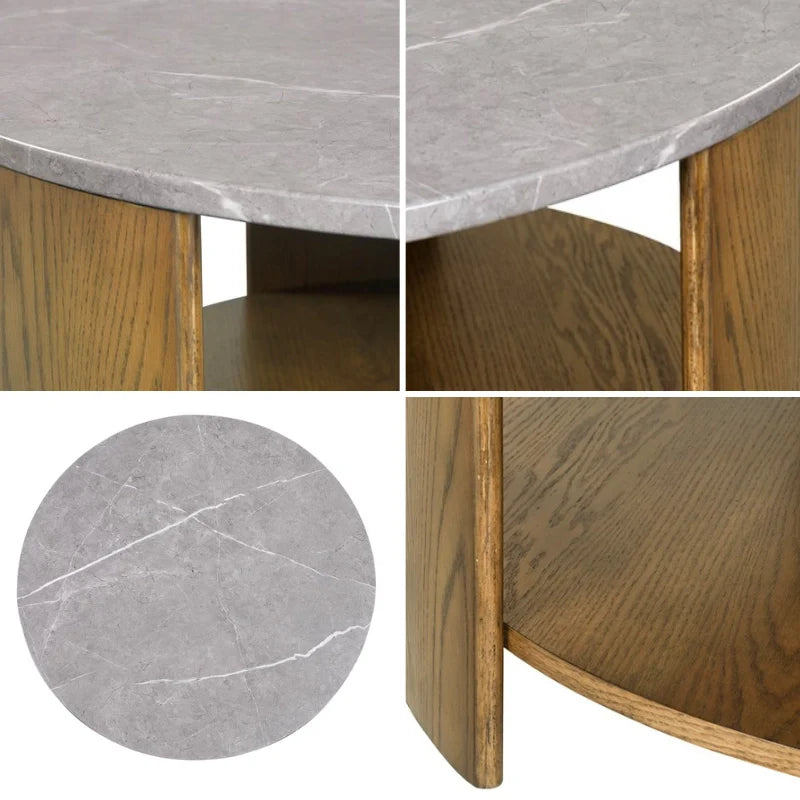 4 in 1 image of the Wood Round Coffee Table with faux marble table top and oak color base