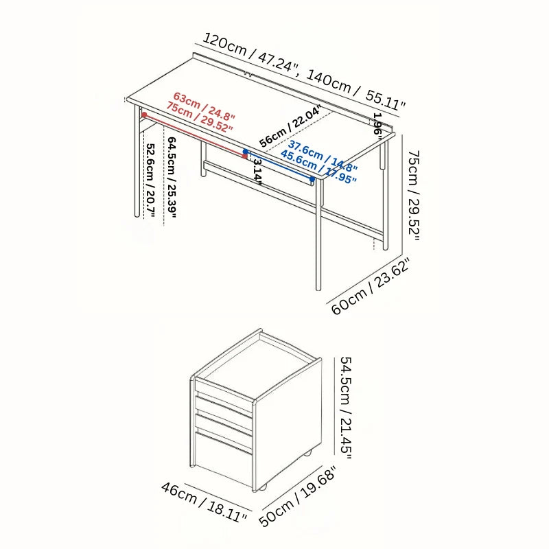 Dimension image of the Wood and metal desk with drawer