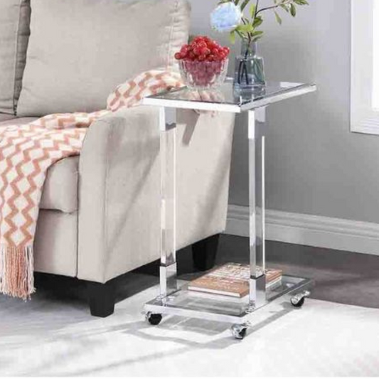 17.7" Contemporary Chrome Square Glass Table With Metal Base