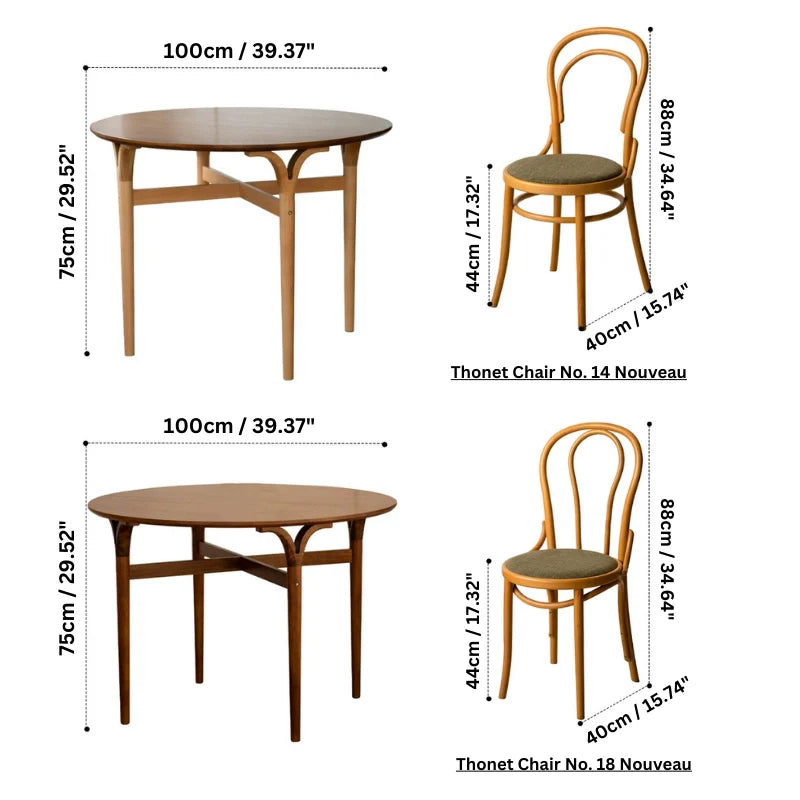 dimensions of wood dining tables and thonet chairs, in a plain white background