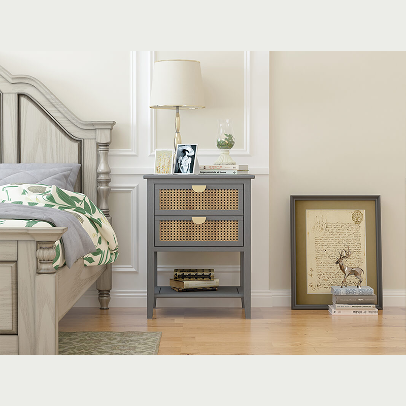 Gray Natural Rattan Side Table Nightstand