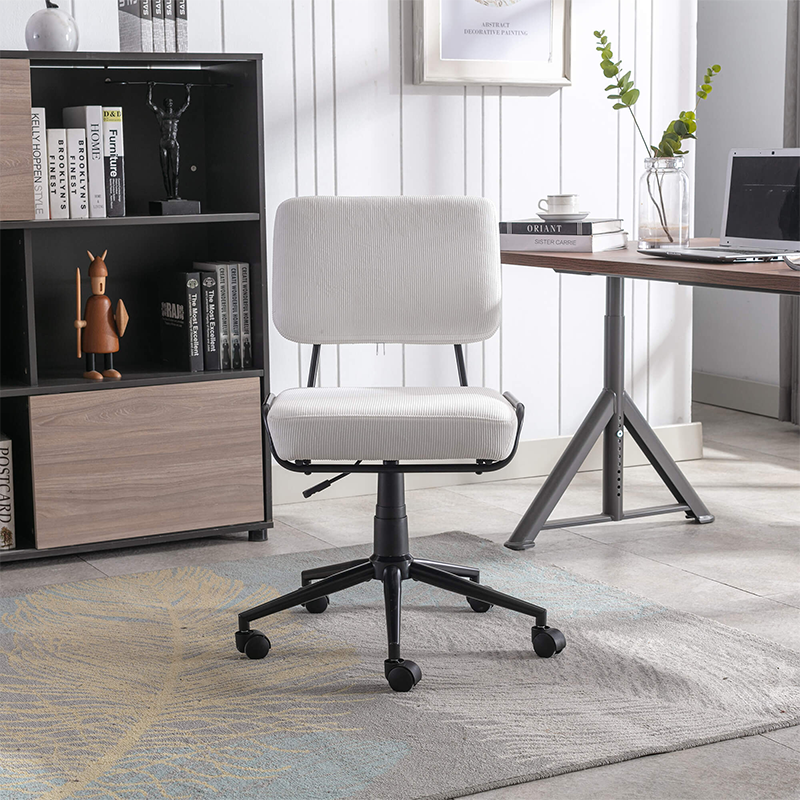 White Upholstered Corduroy Swivel Rolling Chair