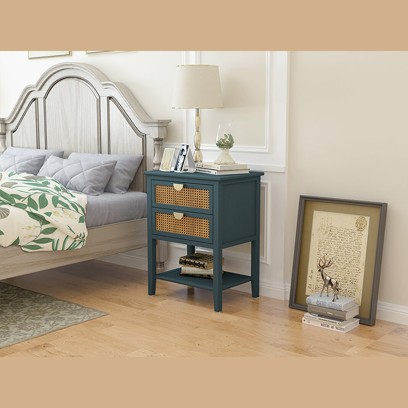 22.1" Green Natural Rattan 2-Drawer Nightstand