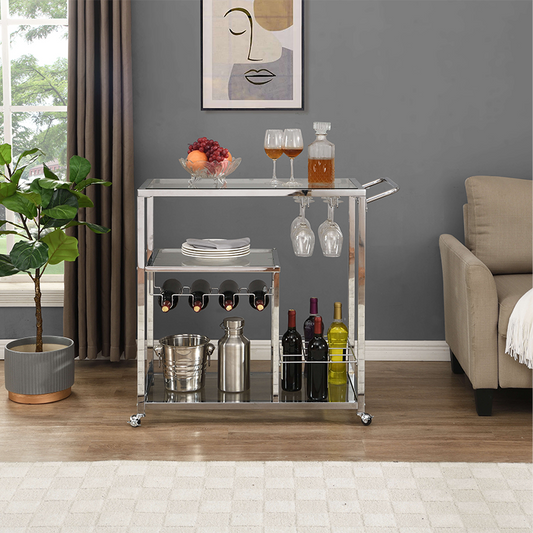 Contemporary Silver Tempered Glass Bar Cart