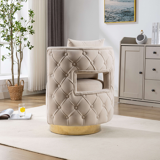 Wide Beige Swivel Accent Barrel Chair