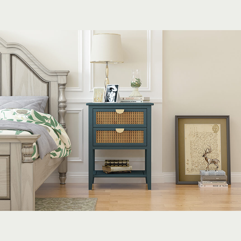 22.1" Green Natural Rattan 2-Drawer Nightstand