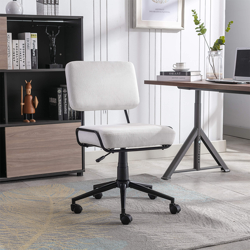 White Upholstered Corduroy Swivel Rolling Chair