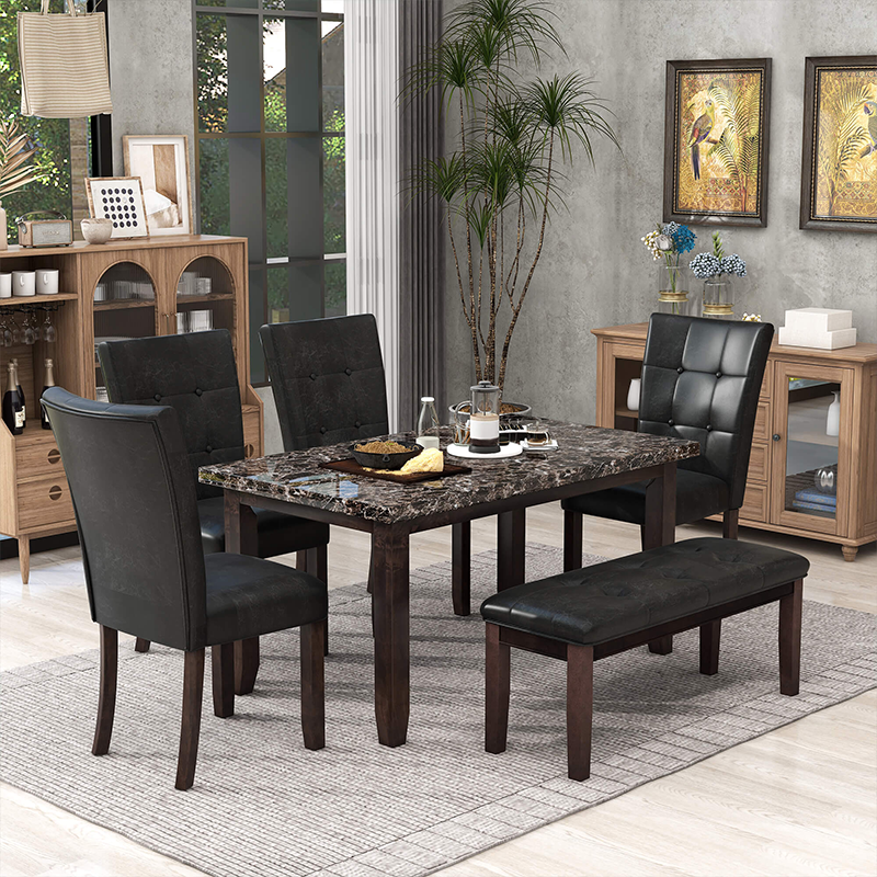 Black Faux Marble Dining Table Set