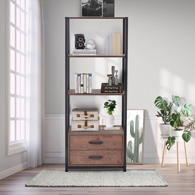 Simple Industrial Brown 4-Tier Bookshelf