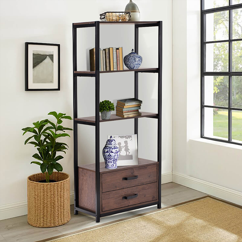 Simple Industrial Brown 4-Tier Bookshelf