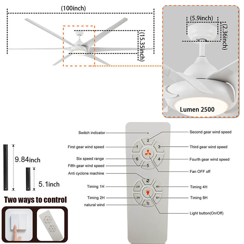 dimension image of the 100" White 6-Blade Ceiling Fan with Light and Remote Control